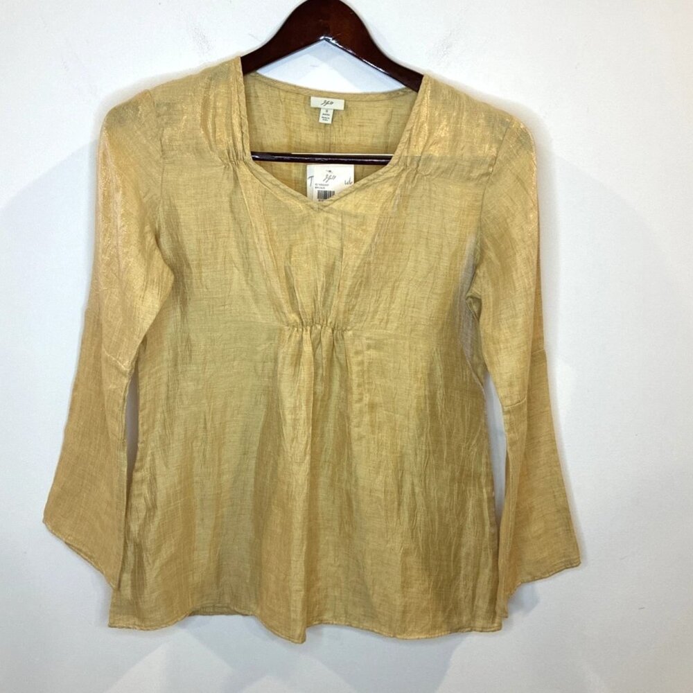 NWT J Jill Tunic Top Sz S Petite Linen Blend Tan Shimmer Textured Romantic Boho
